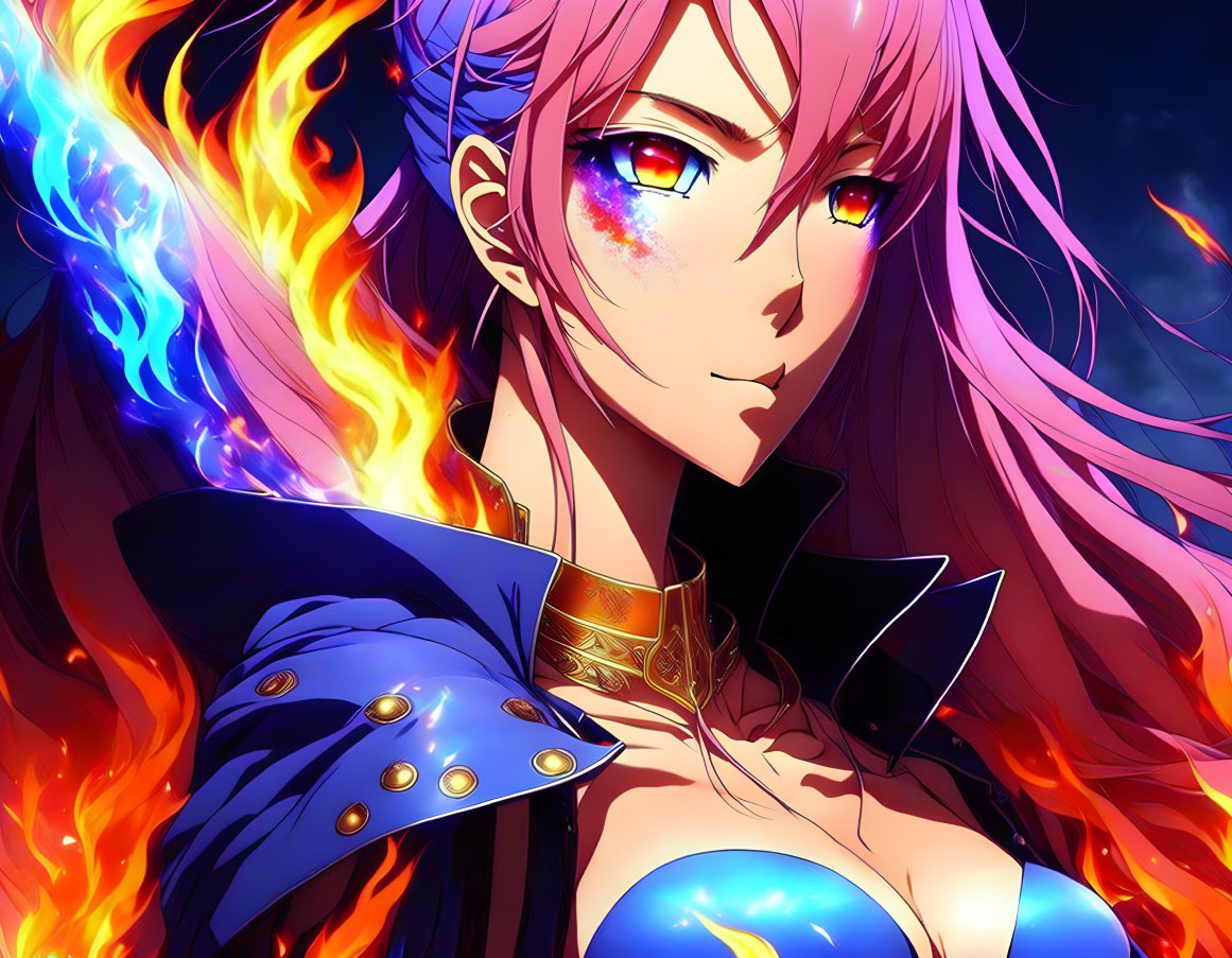 Pink-haired anime character in military uniform engulfed in flames