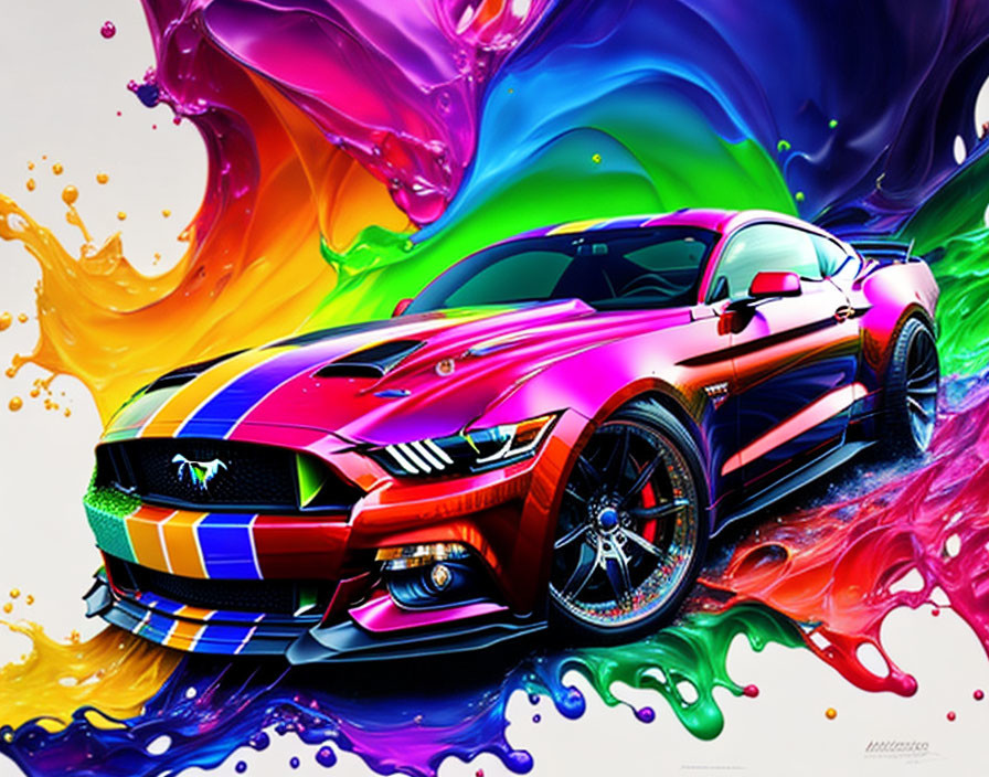 Colorful Ford Mustang art with swirling paint - dynamic and energetic