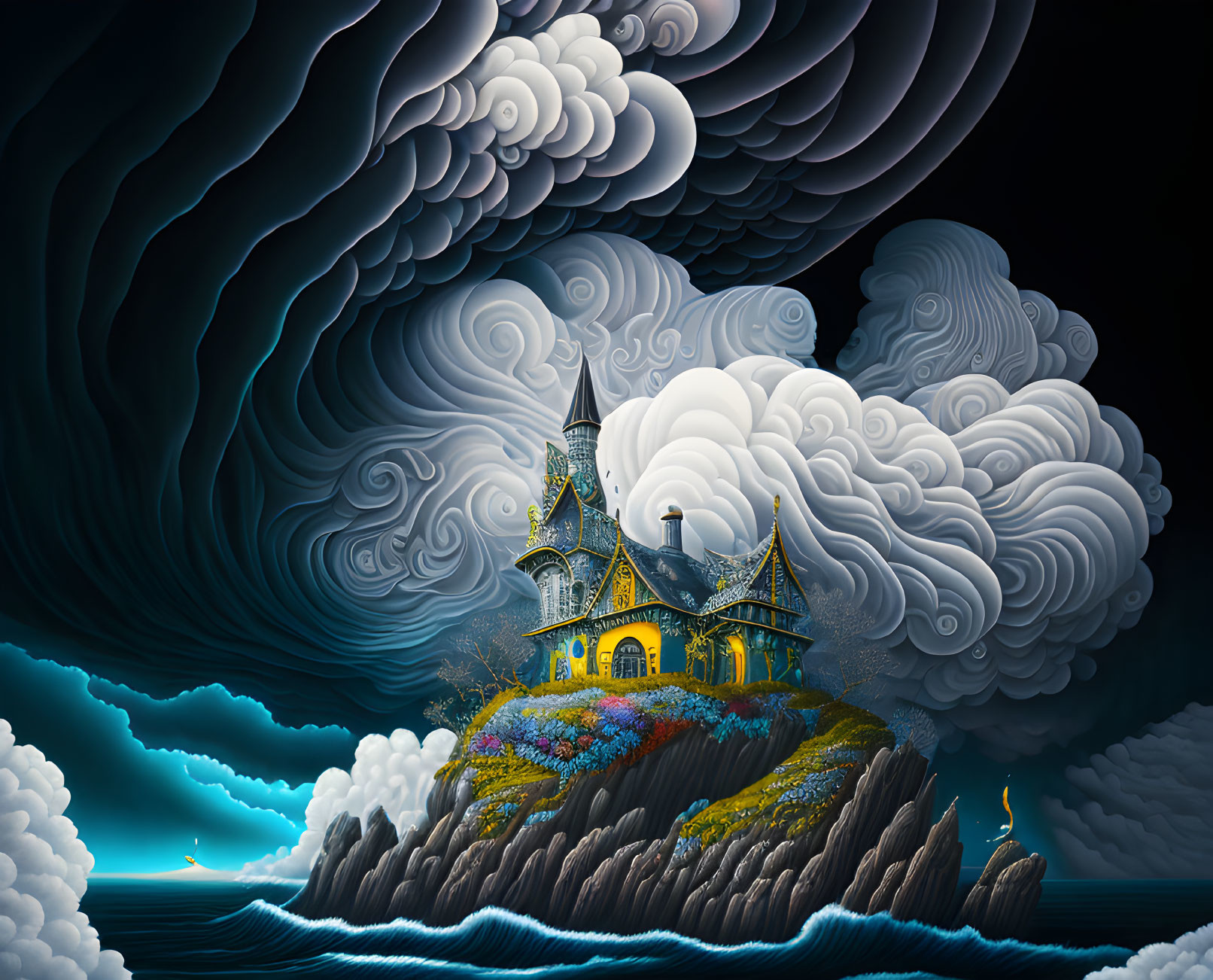 Fantastical castle illustration on cliff with swirling clouds and dreamy color palette