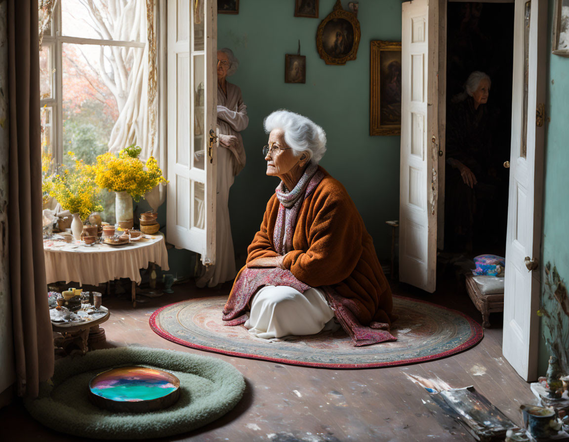 Elderly woman sitting on cushion gazes out window in cozy room