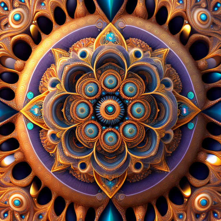 Symmetrical floral-like fractal image with vibrant layers and rich colors