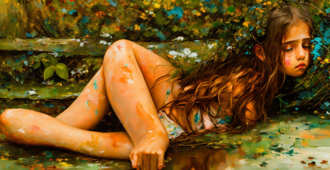 Young girl with long brown hair against vibrant, paint-splattered backdrop