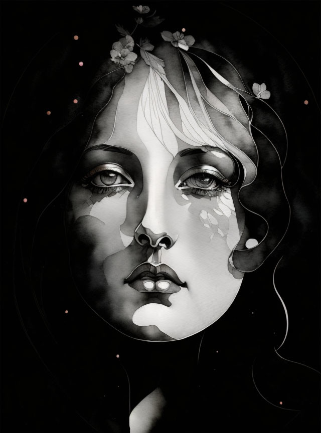 Monochrome surreal illustration of woman's face with flower-adorned hair