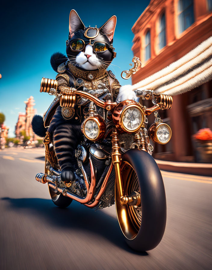 Cat in goggles and leather suit rides motorcycle in city scene