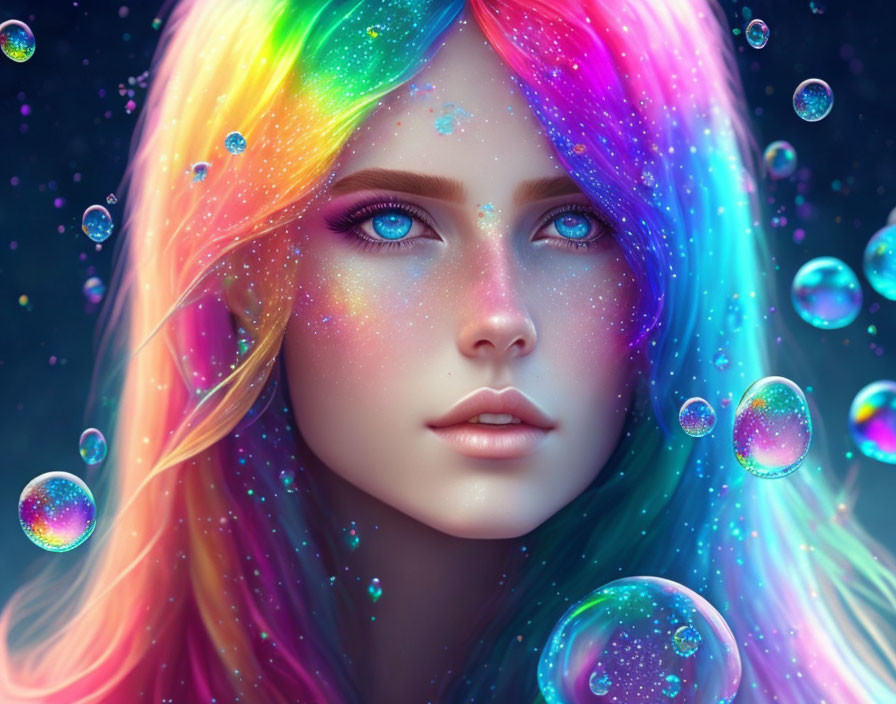 Colorful digital artwork featuring a woman with rainbow hair and iridescent bubbles on a dark background