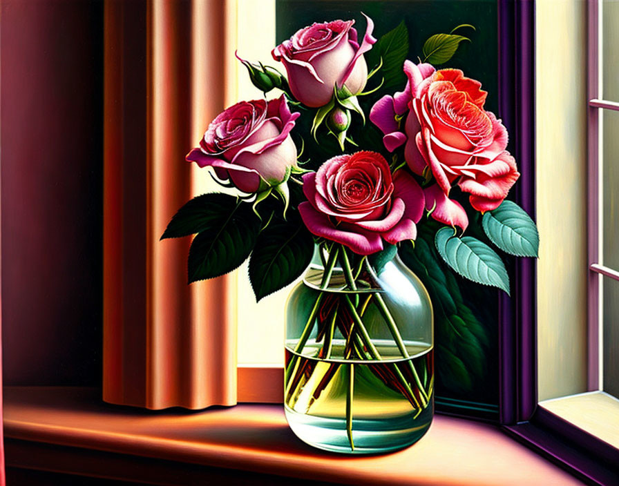 Colorful Rose Bouquet in Clear Vase on Sunlit Windowsill