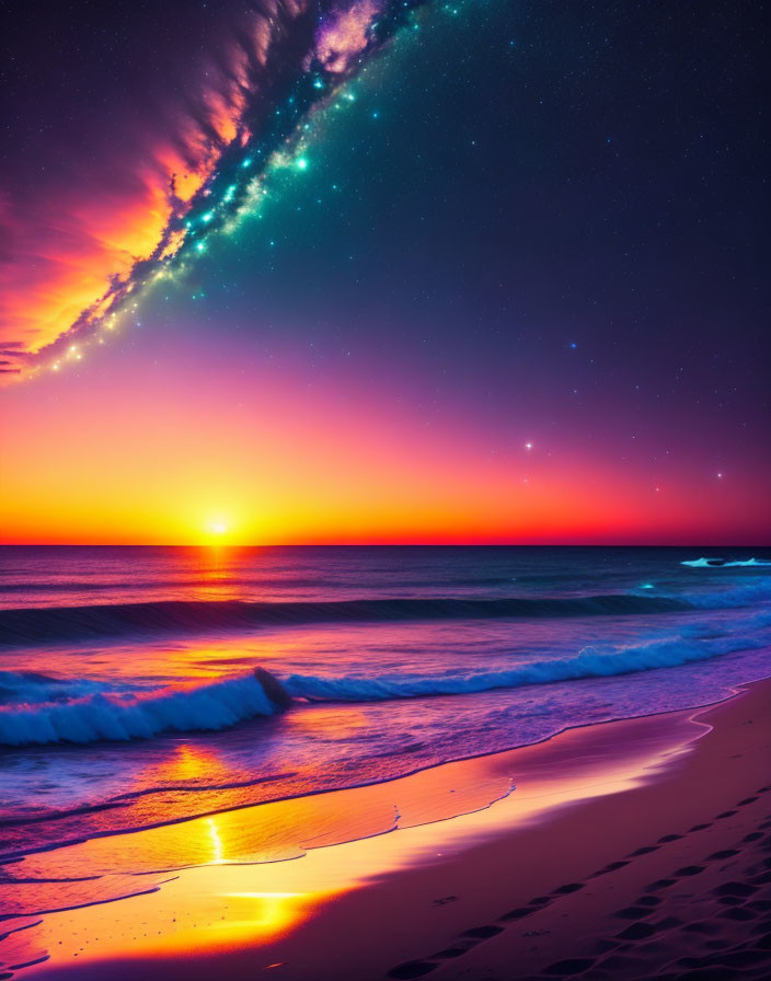 Colorful sunset beachscape with Milky Way galaxy and gentle waves.