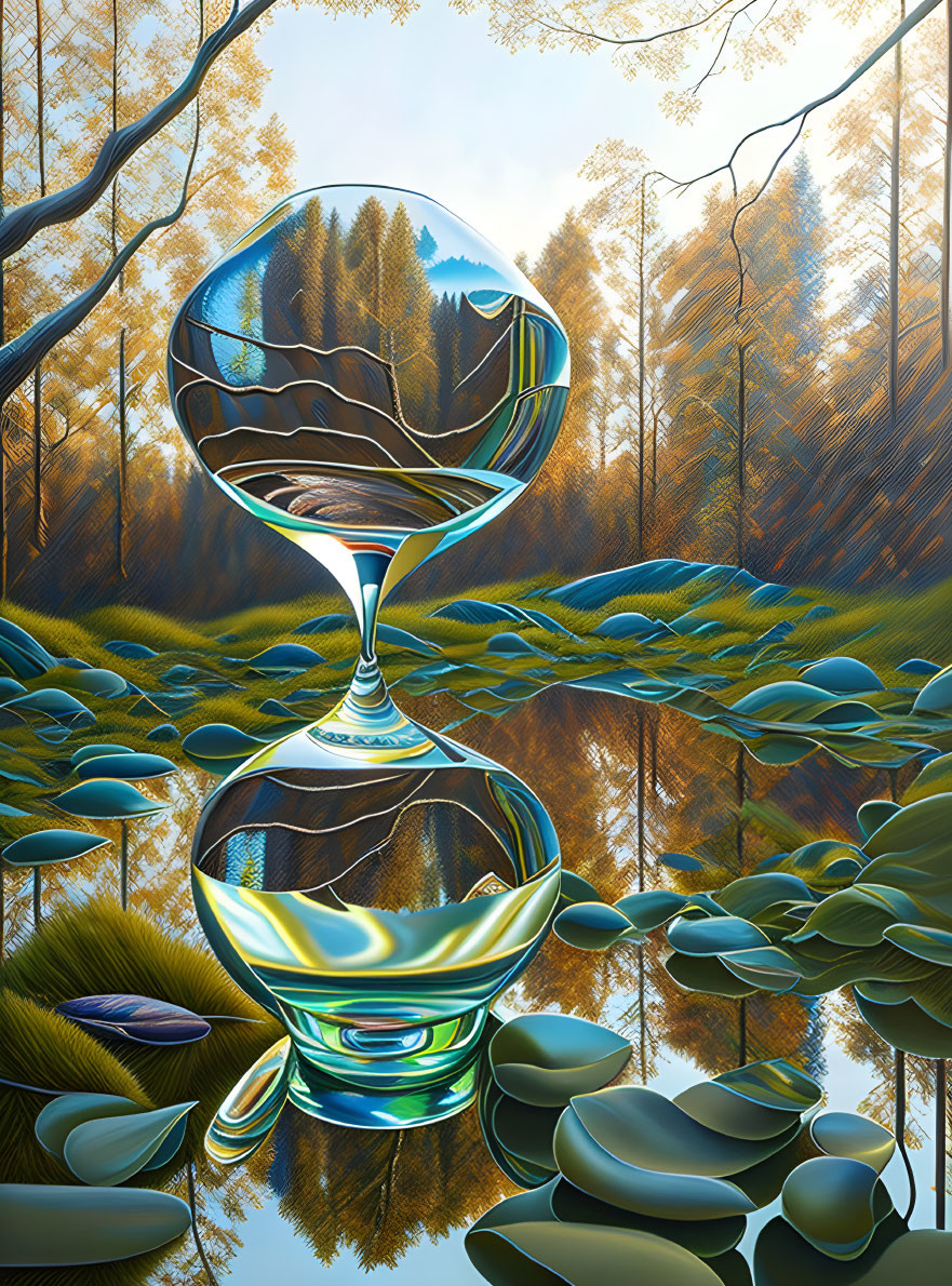 Surreal artwork of transparent orbs distorting serene autumn forest scene