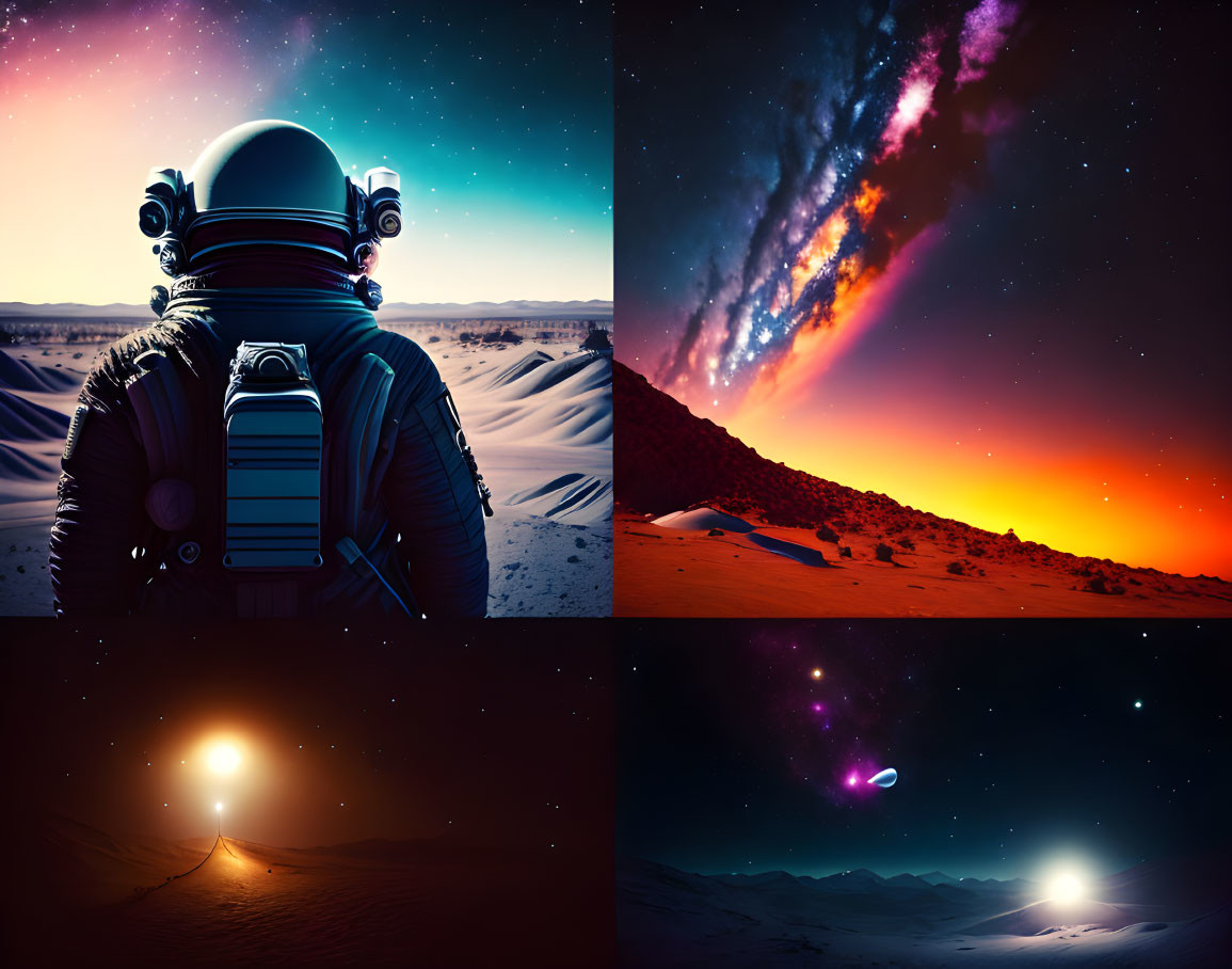 Astronaut in desert landscape with cosmic backdrops collage