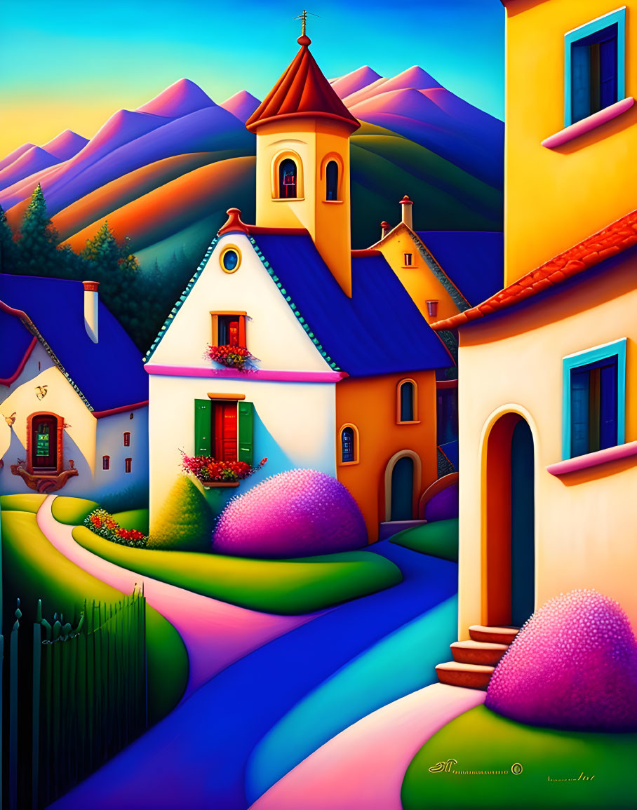 Vibrant painting of a village with colorful hills and whimsical buildings