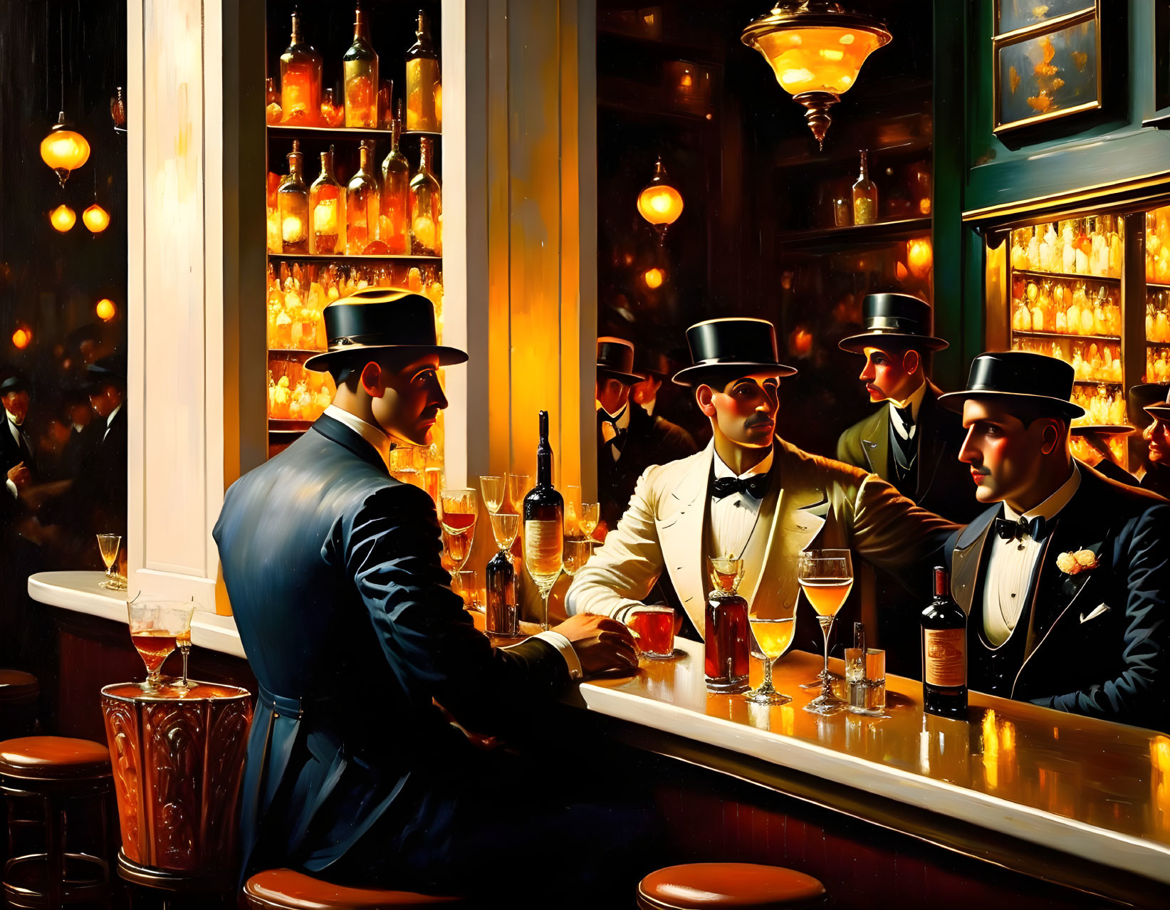 Sophisticated men in top hats chatting at a bar with ambient lighting and mirror reflection.