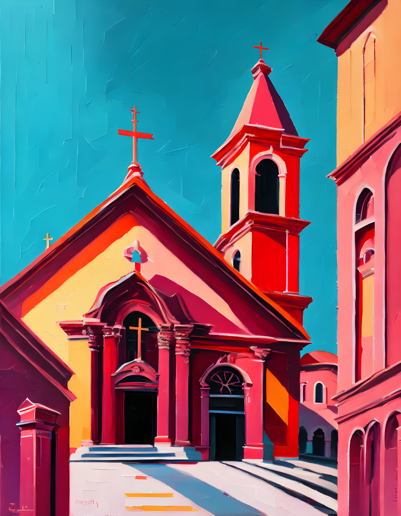 Vibrant church painting with red facade and bell tower against blue sky