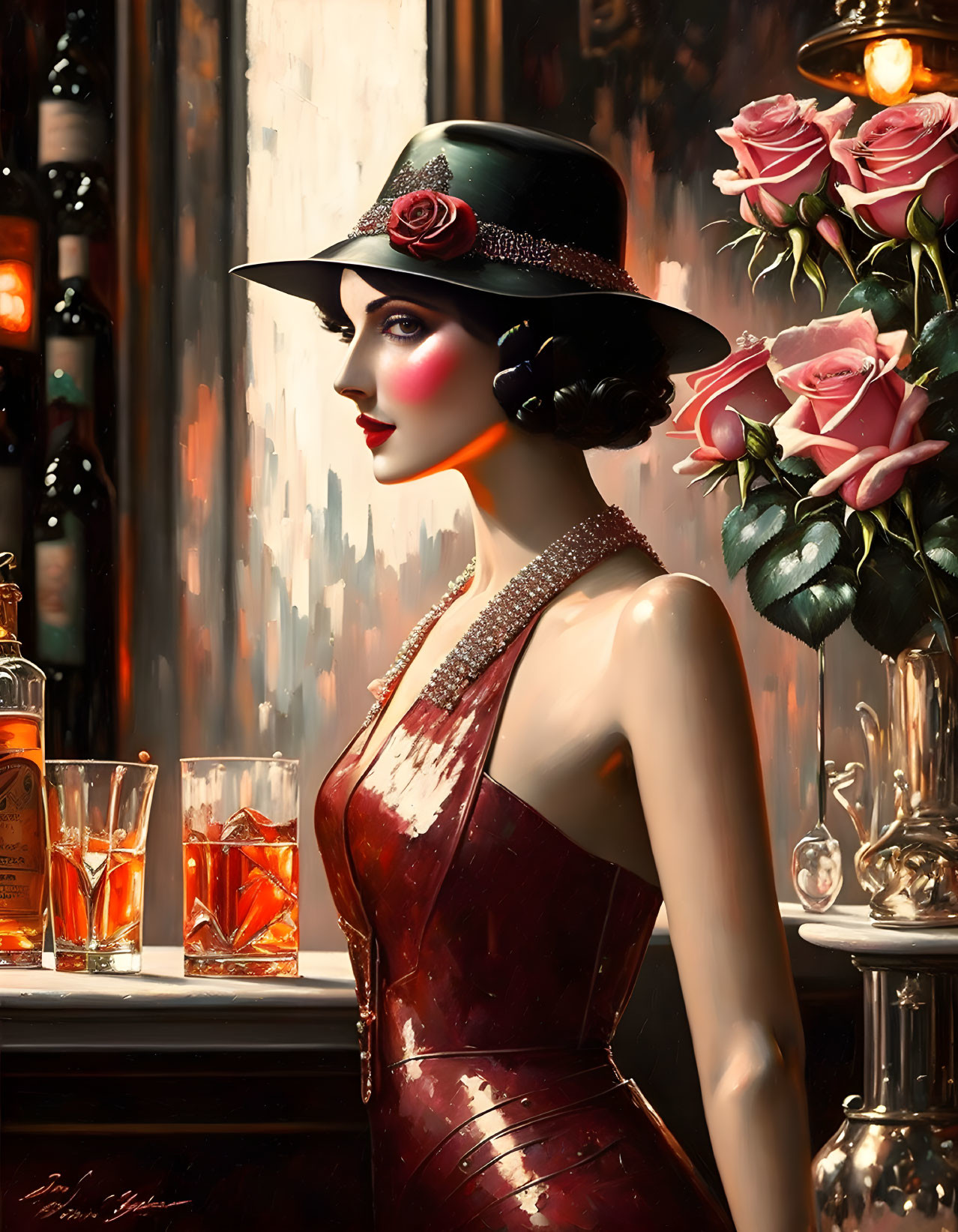 Sophisticated woman in red dress with rose-adorned hat in bar setting.