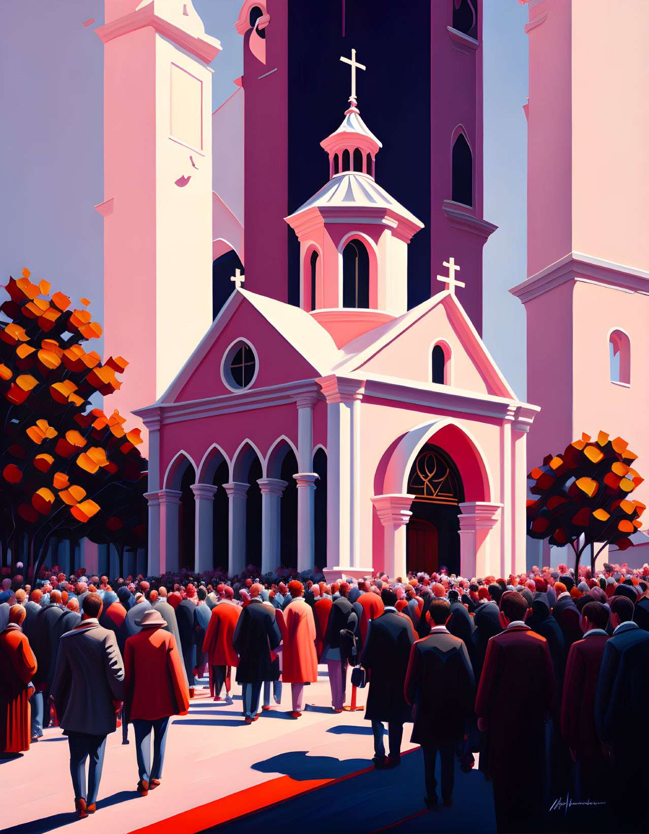 Colorful digital artwork: People at pink church with autumn trees