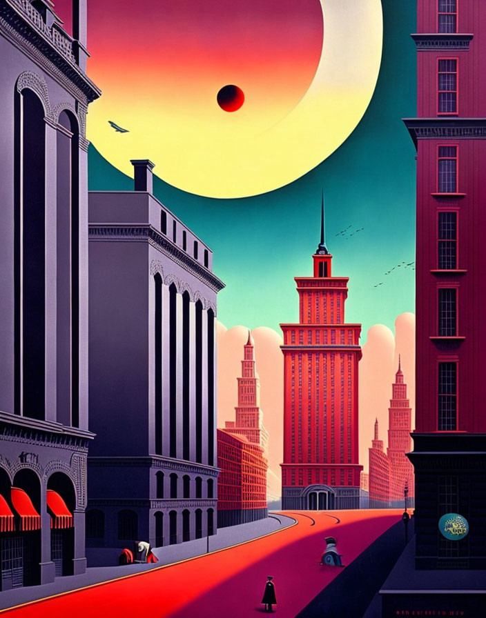 Vibrant cityscape illustration with stylized sunset and tall buildings