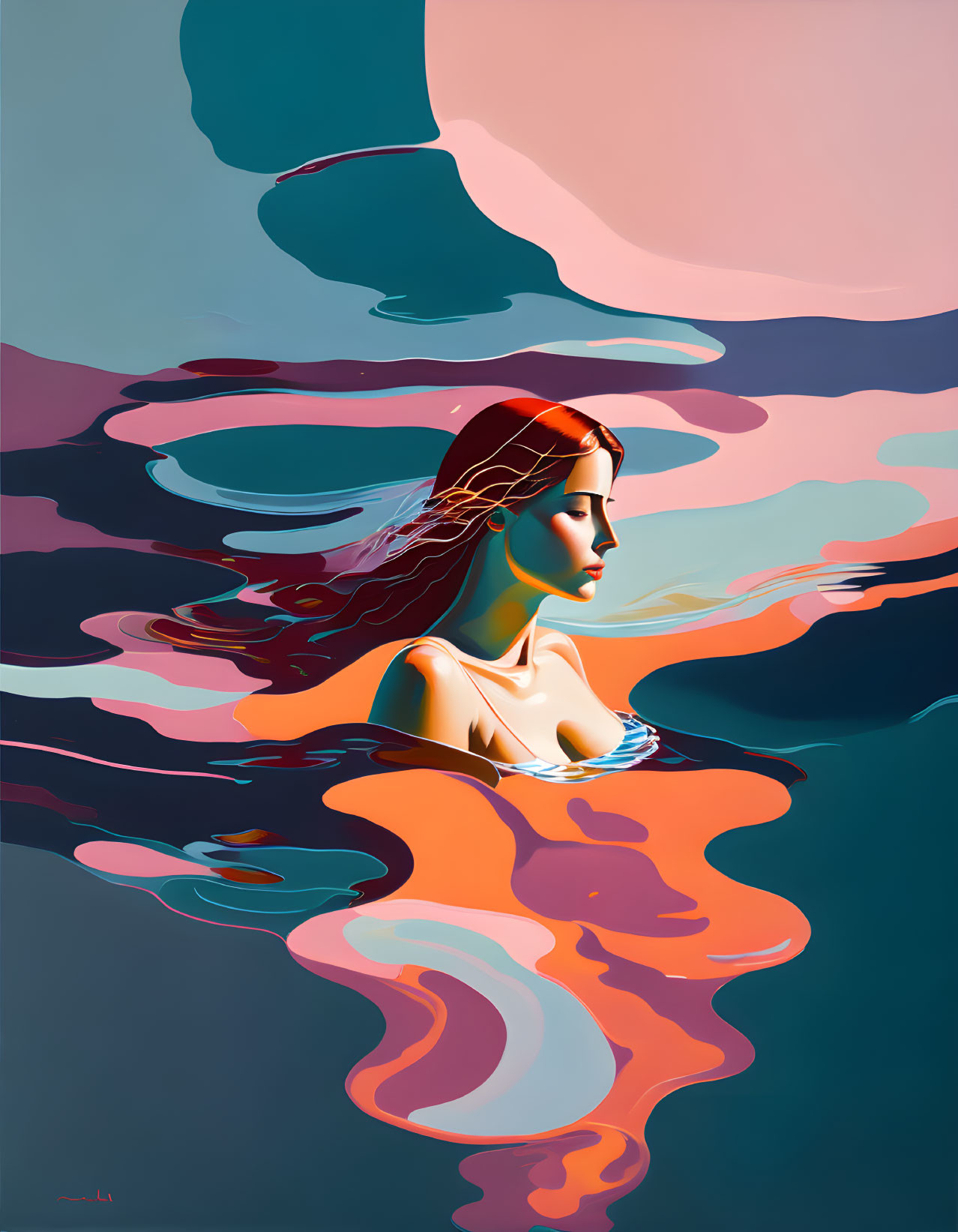 Abstract woman submerged in multicolored water with reflections