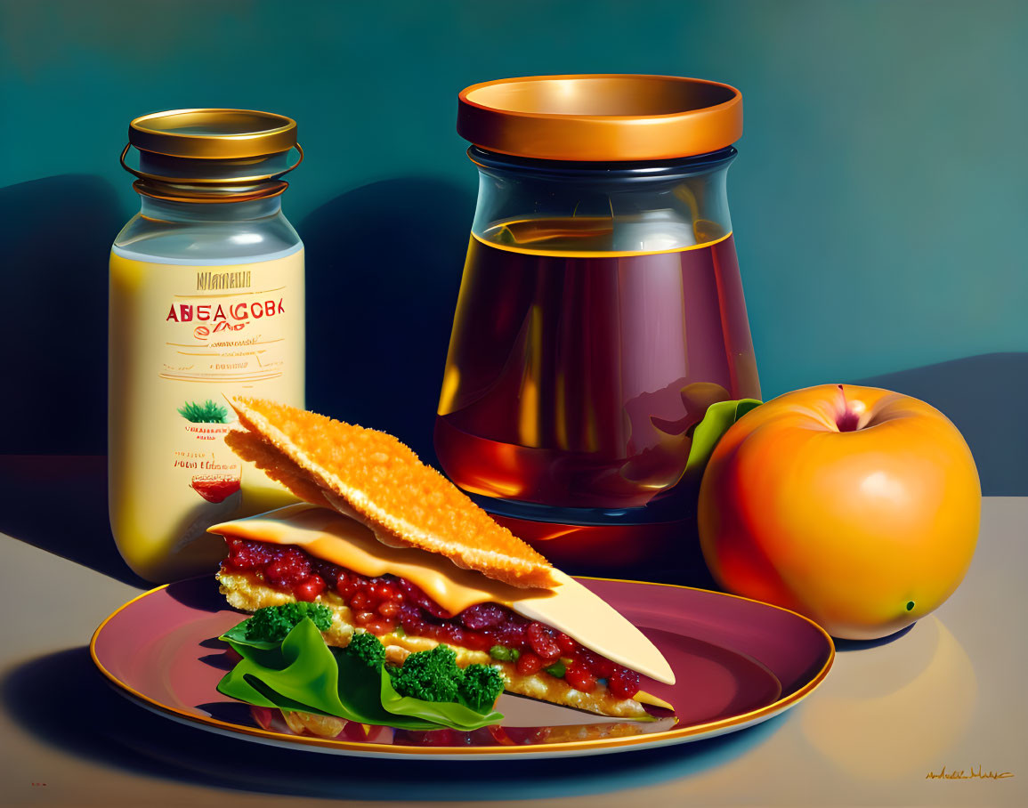 Classic Still Life Painting with Honey, Bread, Apple, and Greens