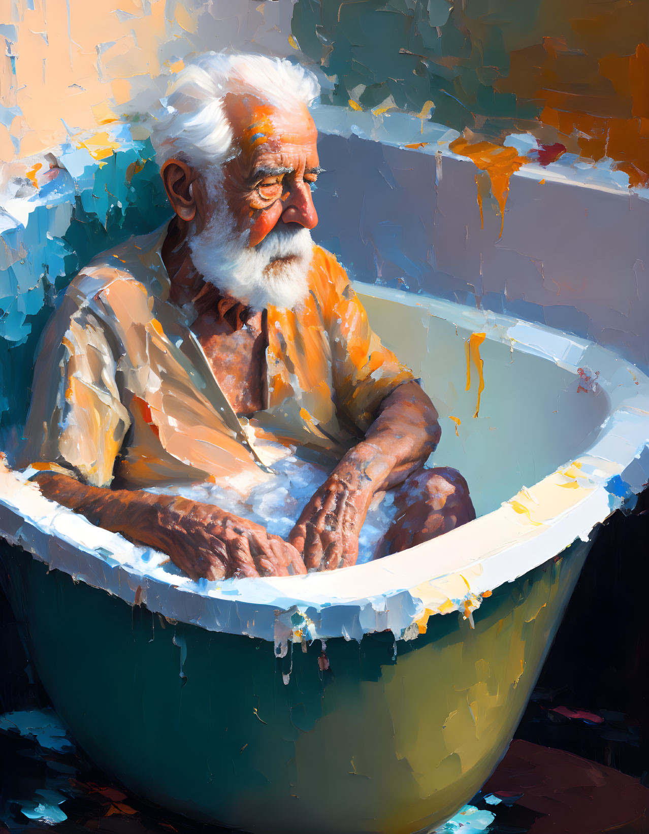 Elder Man with White Beard Contemplating in Colorful Bathtub