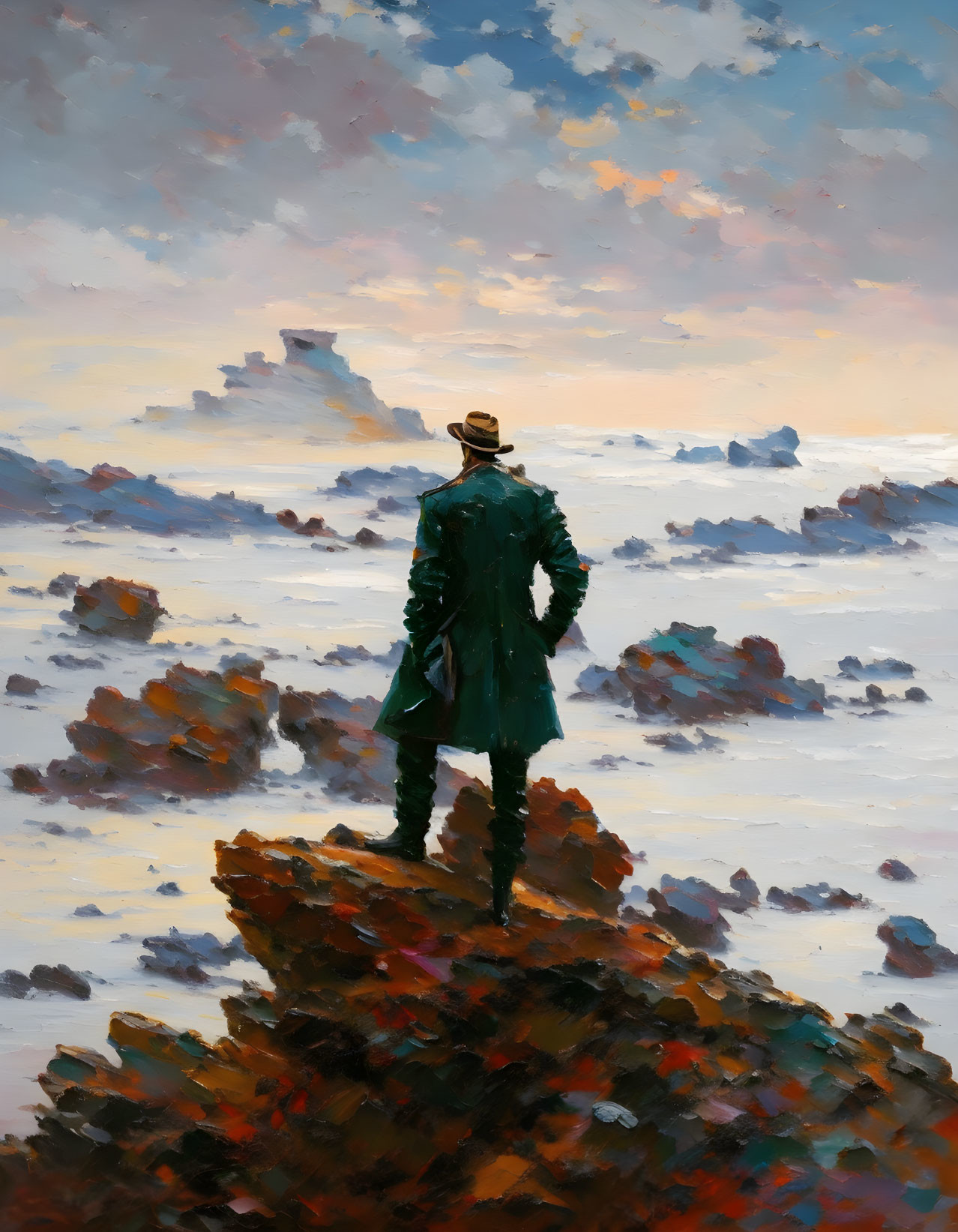 Person in Green Coat and Hat Gazes at Dramatic Sunset Sky