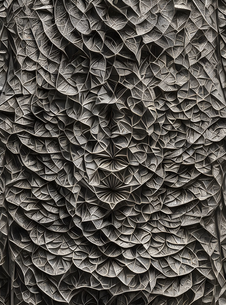 Monochrome folded paper art with intricate floral and geological patterns