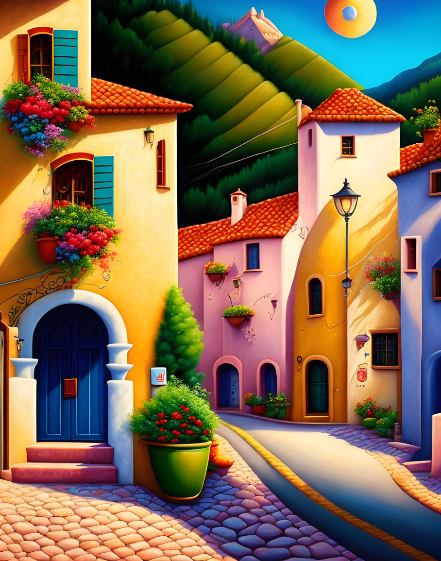 Colorful Street Painting in Quaint Village at Sunset