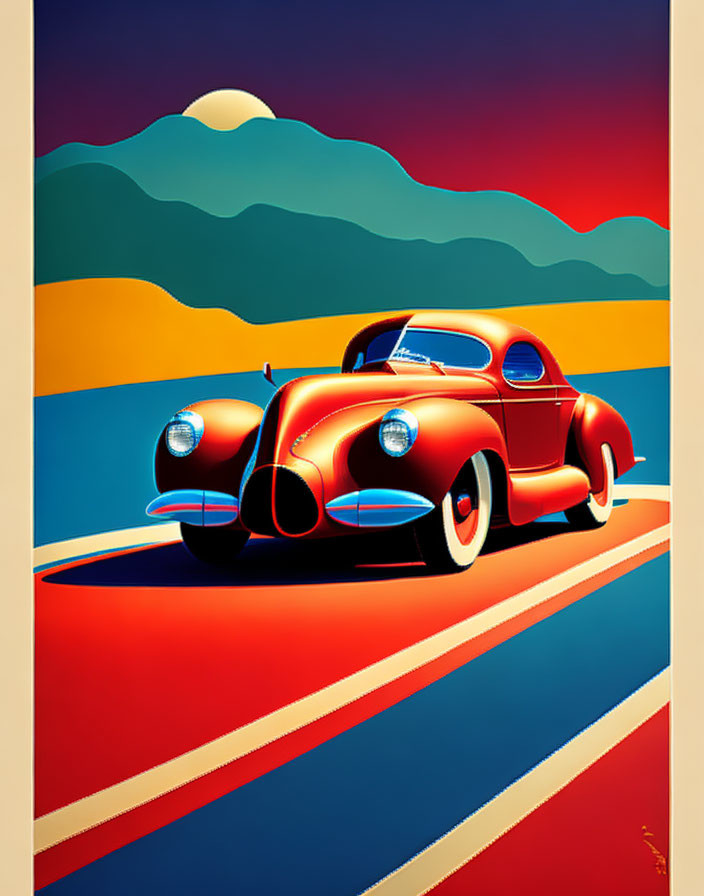 Colorful Road: Stylized Red Car on Vibrant Landscape