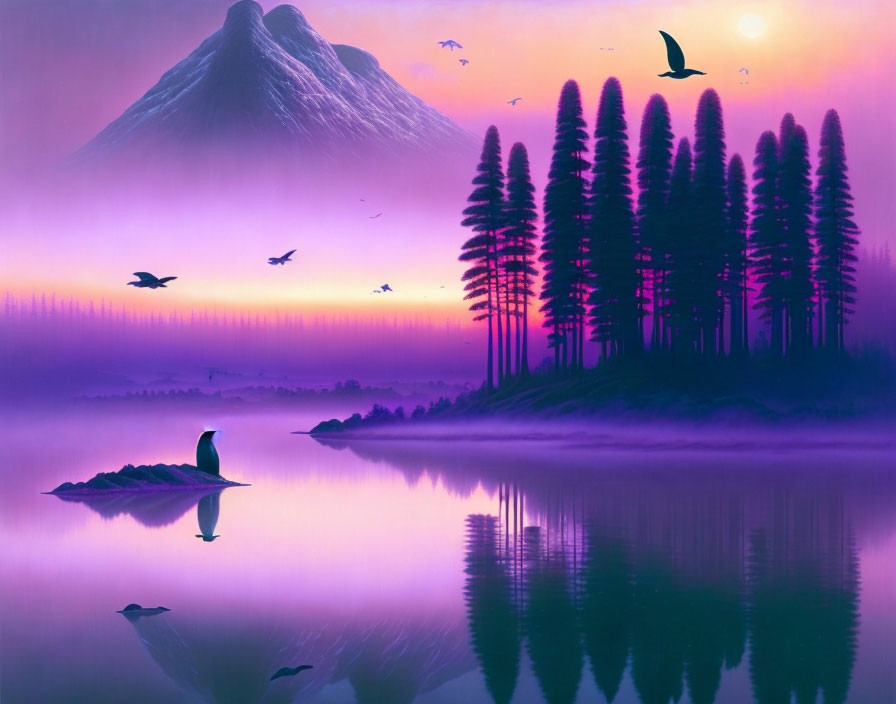 Tranquil purple landscape with birds over misty lake, pine trees, mountain backdrop, sunset sky