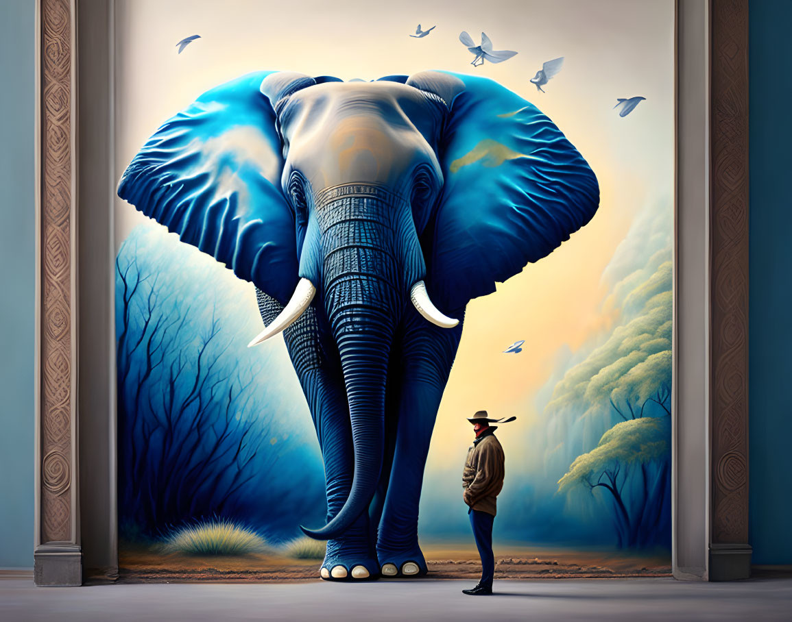 Surreal image: Giant elephant, man in hat, butterflies, forest, indoor frame