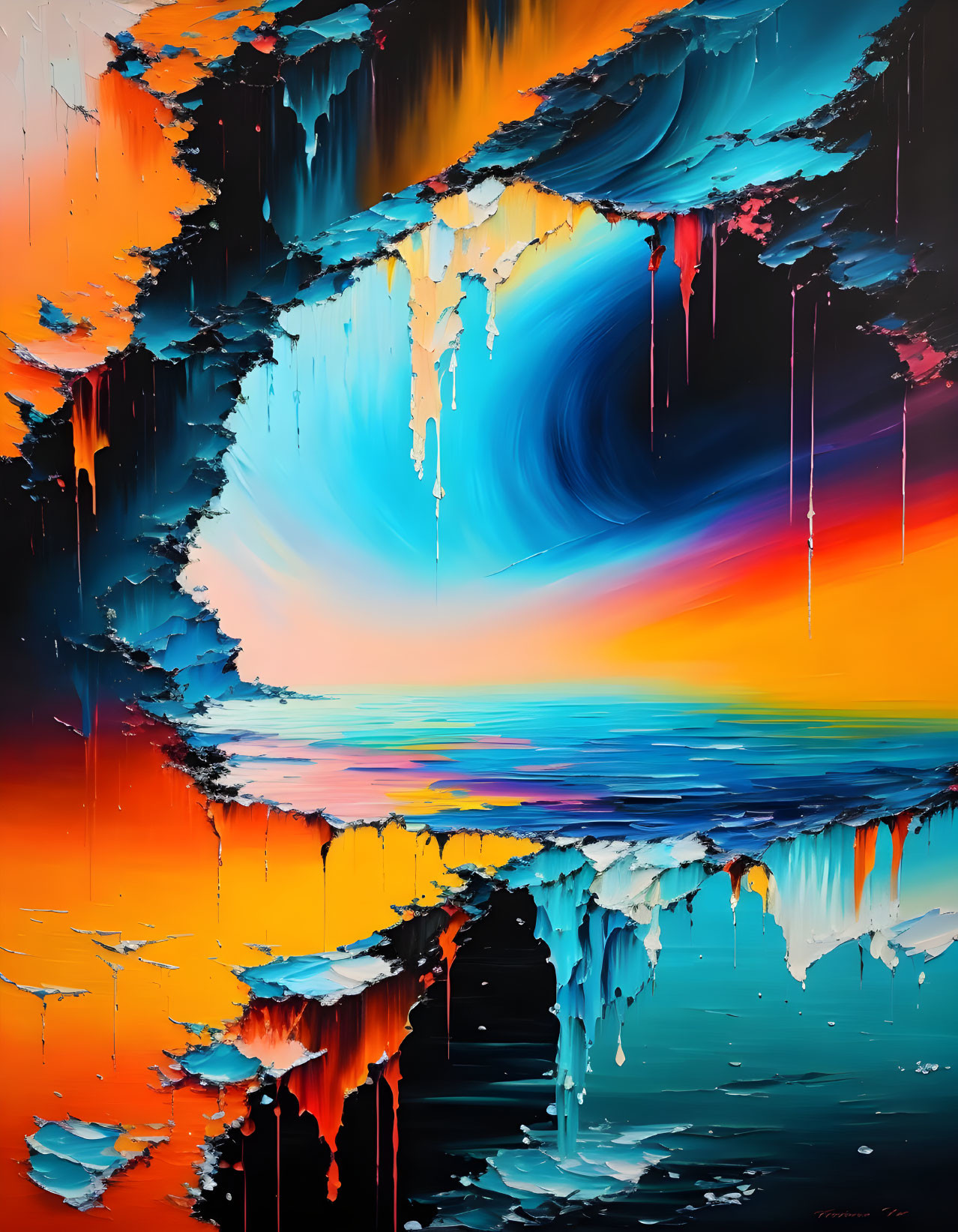 Abstract painting with swirling blues and fiery oranges, resembling a whirlpool with dripping paint effects