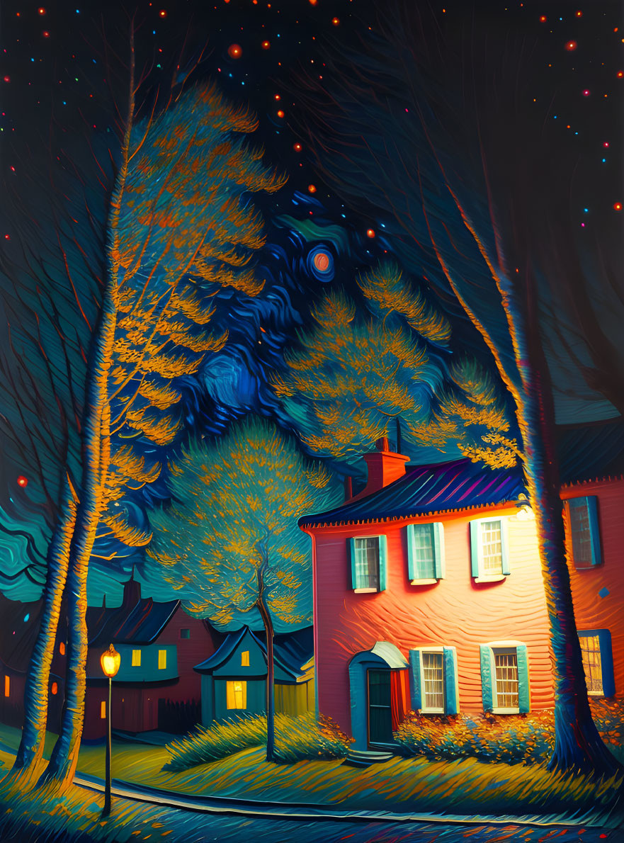 Stylized night scene with glowing lamppost, red house, starry sky, and bending