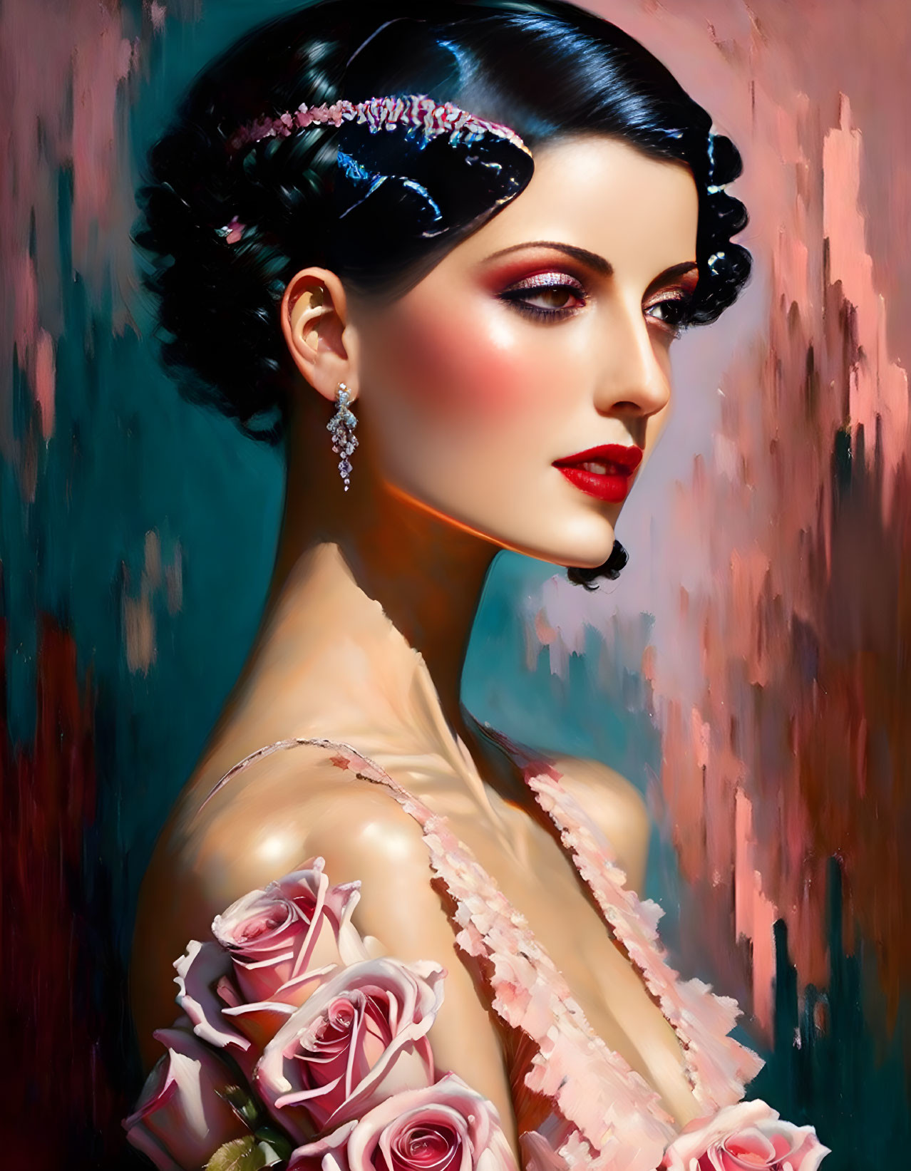 1920s-inspired portrait of a woman with jewels, red lips, and pink roses