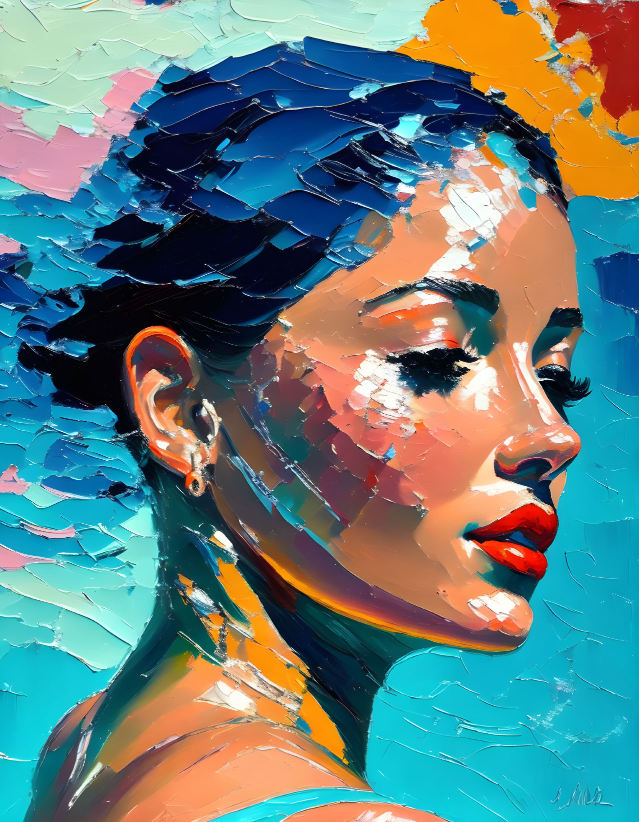 Colorful painting of woman with red lips and blue headscarf on vibrant background