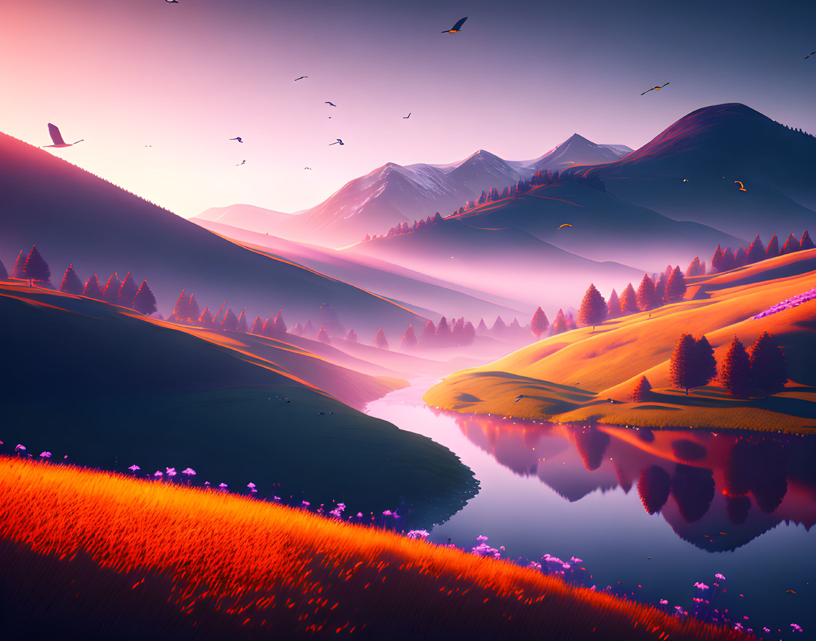 Tranquil landscape with purple skies, reflective river, rolling hills, birds, and vibrant flora