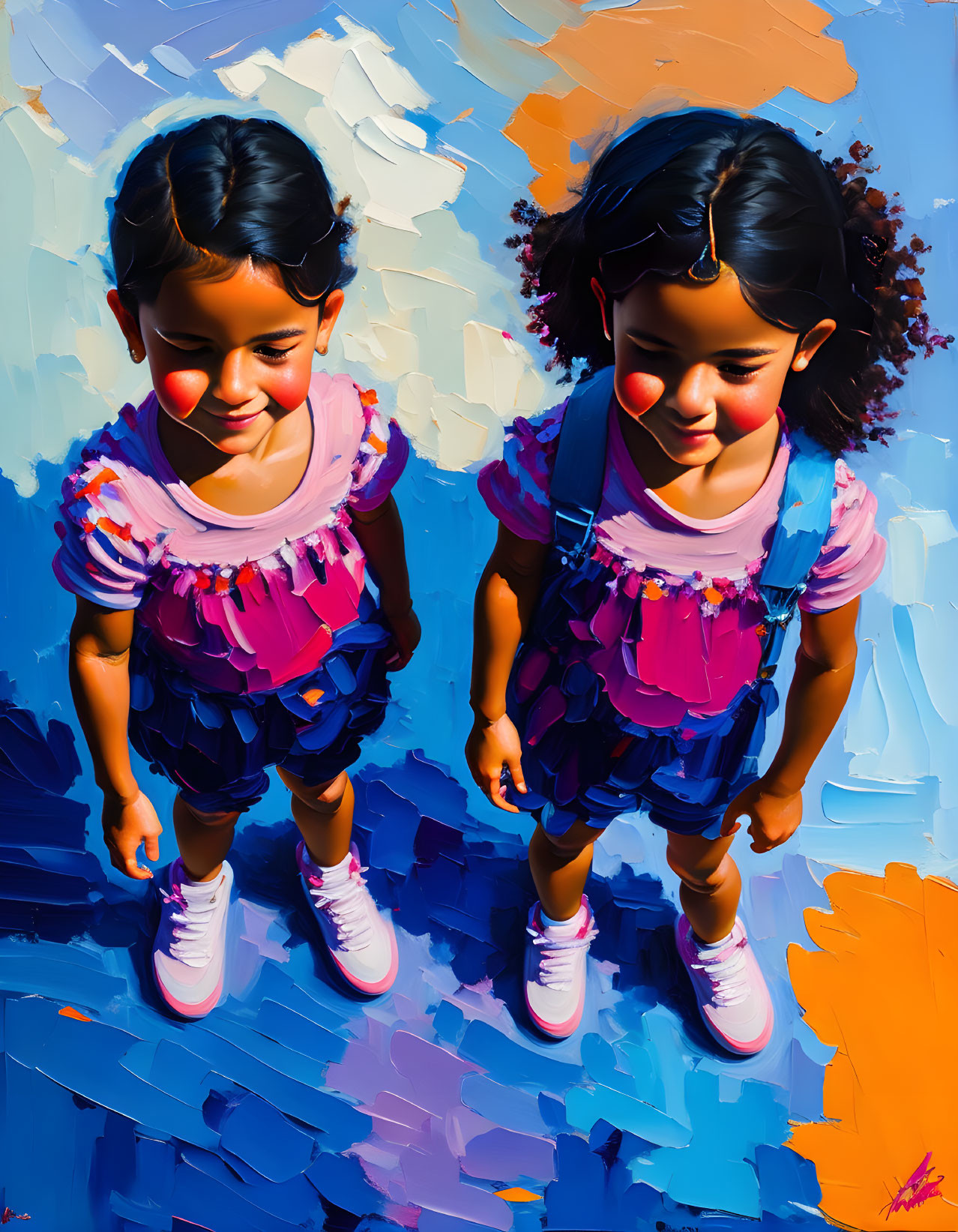 Colorful oil painting of twin girls in matching outfits under a sunny blue sky