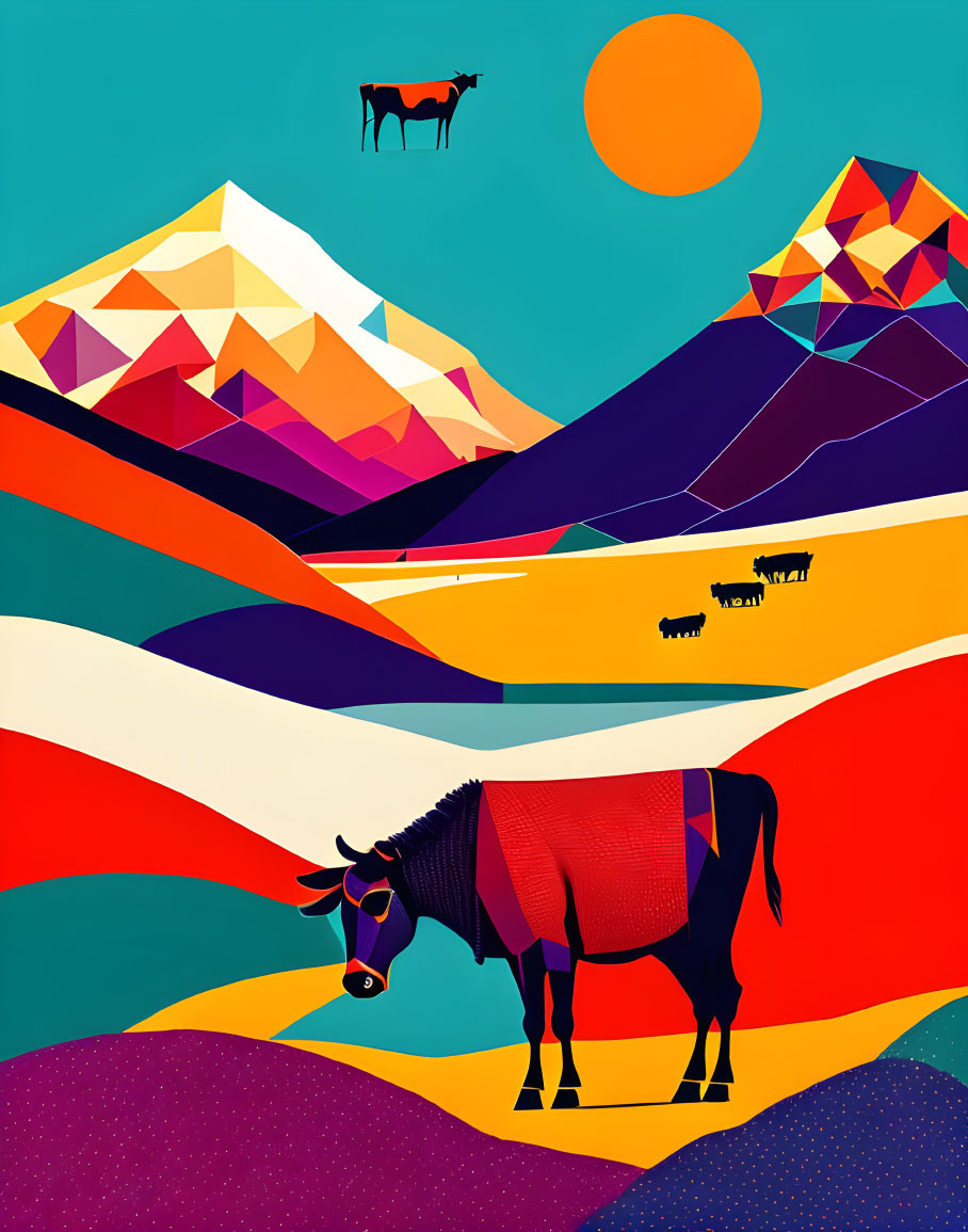 Vibrant landscape illustration with geometric mountains, multicolored fields, ox, and sun