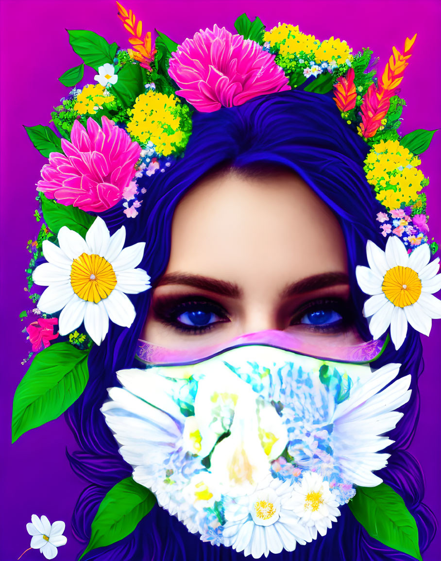 Woman wearing floral wreath and mask on purple background