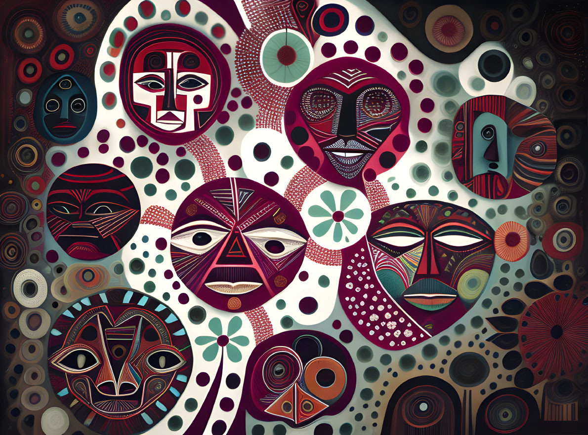 Colorful tribal masks with circular motifs on dark background