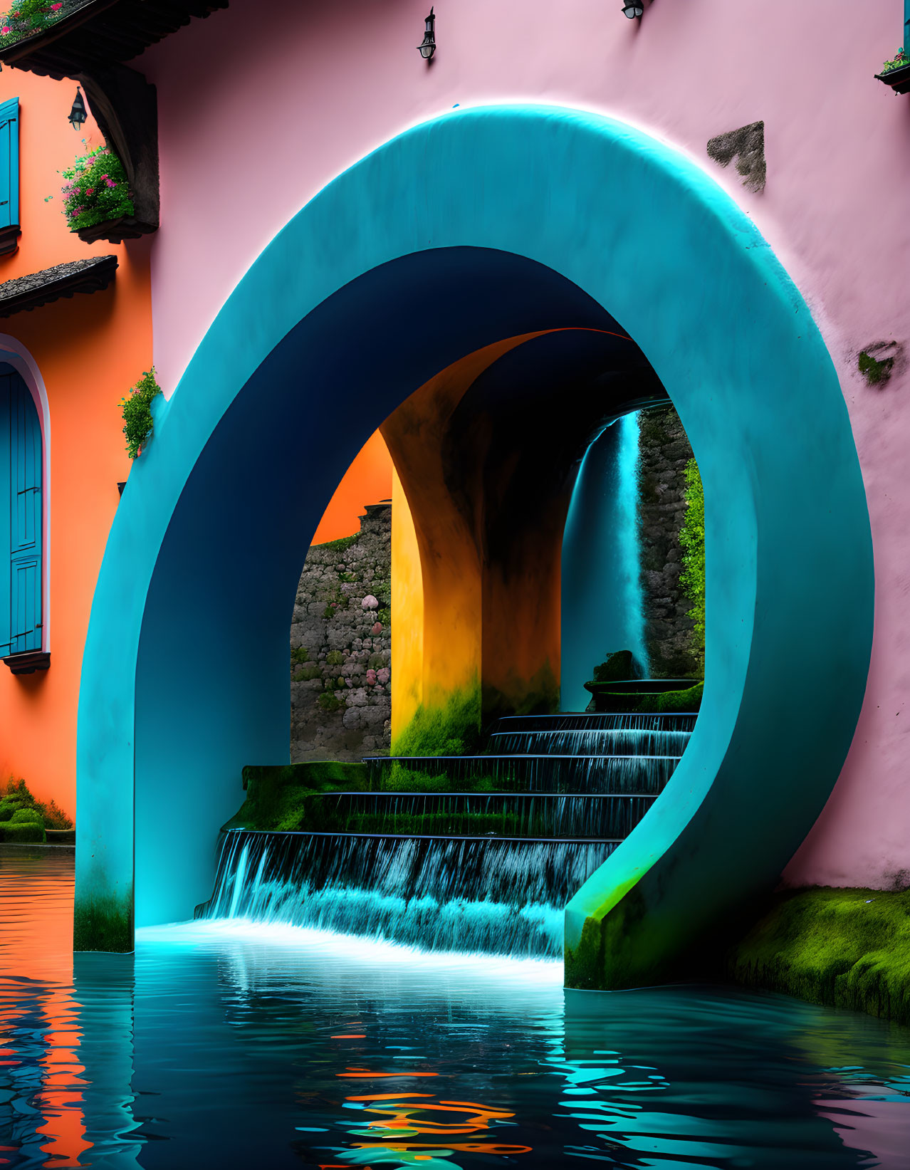 Colorful arched waterway with cascading waterfall and illuminated traditional building reflections.