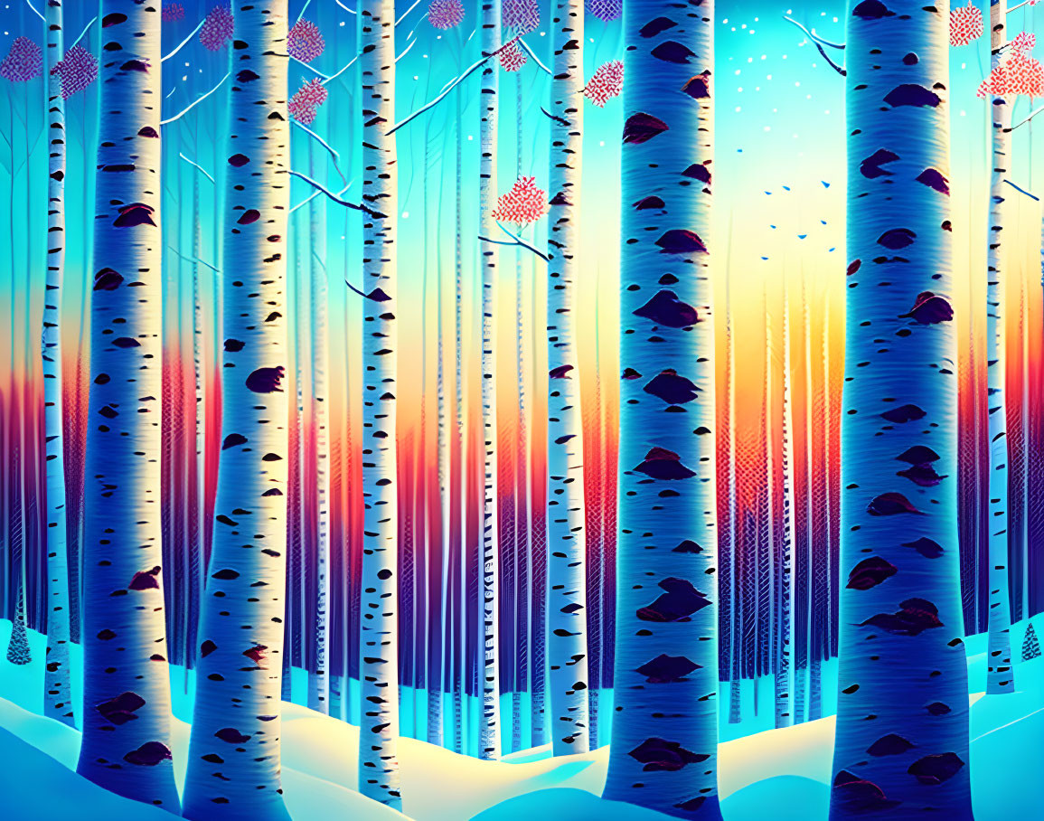 Colorful Stylized Birch Forest with White Bark and Black Spots