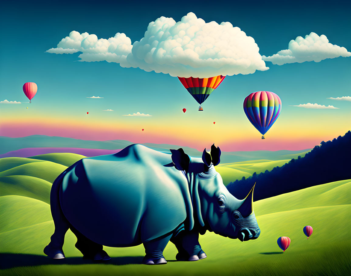 Surreal landscape with grazing rhino on green hills and hot air balloons