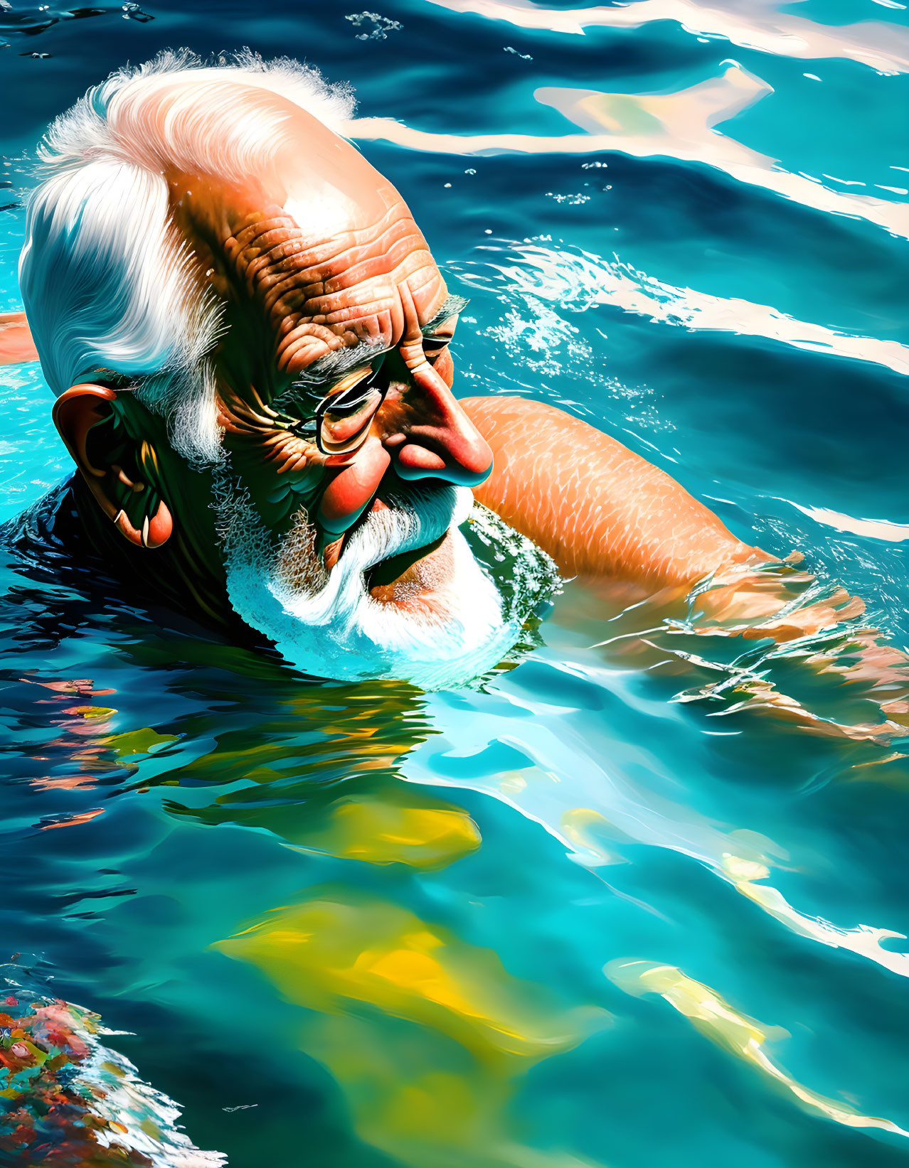 Elderly man with white hair and beard swimming in clear blue water