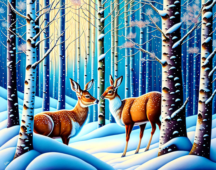 Winter forest scene with two deer in vibrant, snowy setting