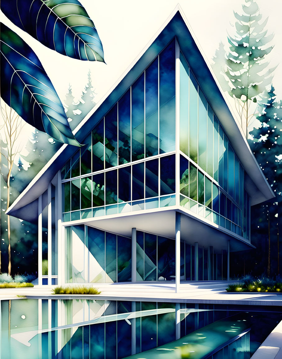 Angular glass house in forest with reflecting pool