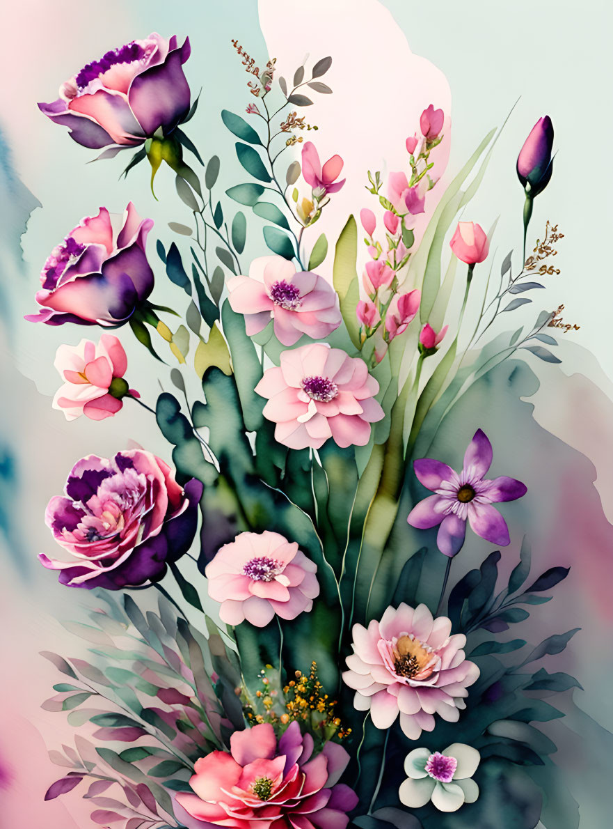 Vibrant illustrated bouquet with purple, pink, and green flowers on pastel background