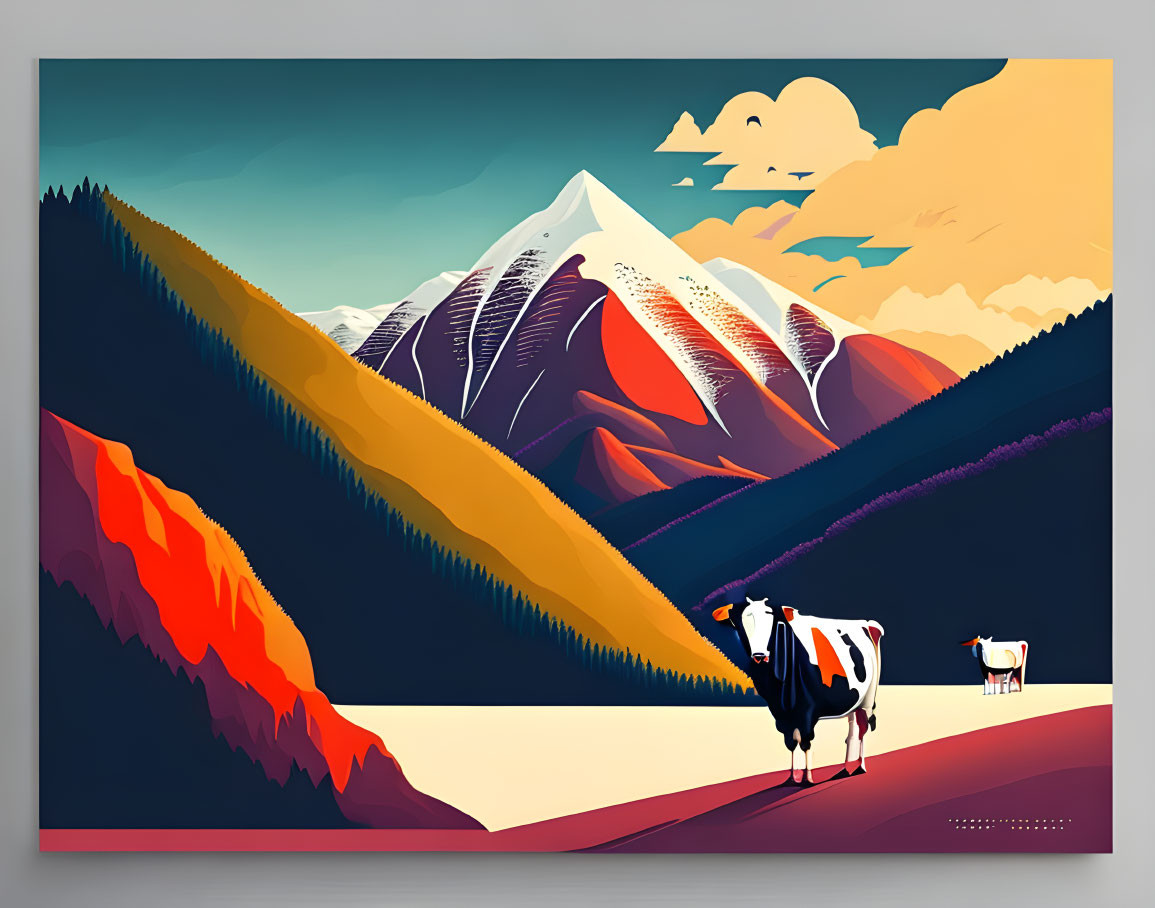 Stylized cow illustration on road with colorful mountains and blue sky