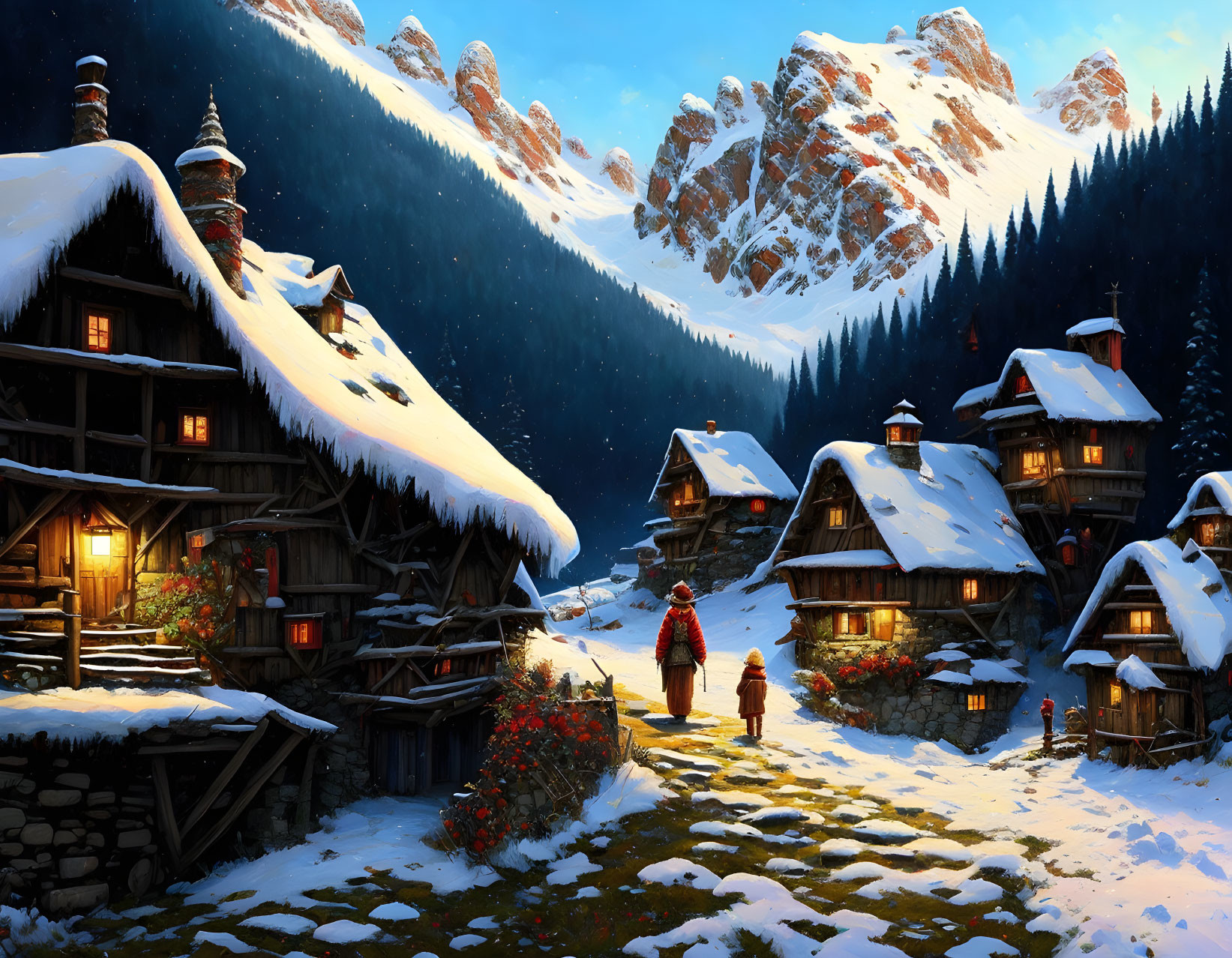 Scenic snow-covered village with alpine houses and mountains, featuring a person with a child walking.