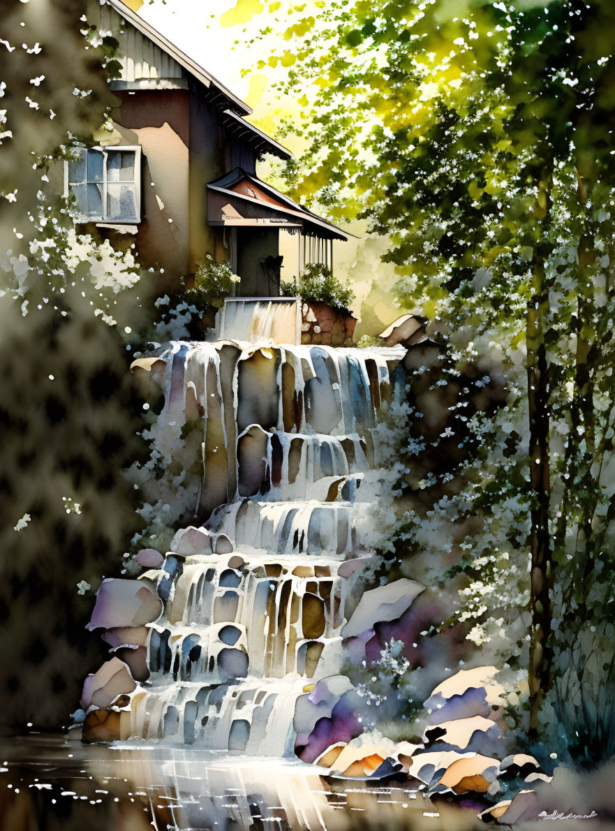 Vibrant watercolor painting: cascading waterfall, quaint house, lush foliage.