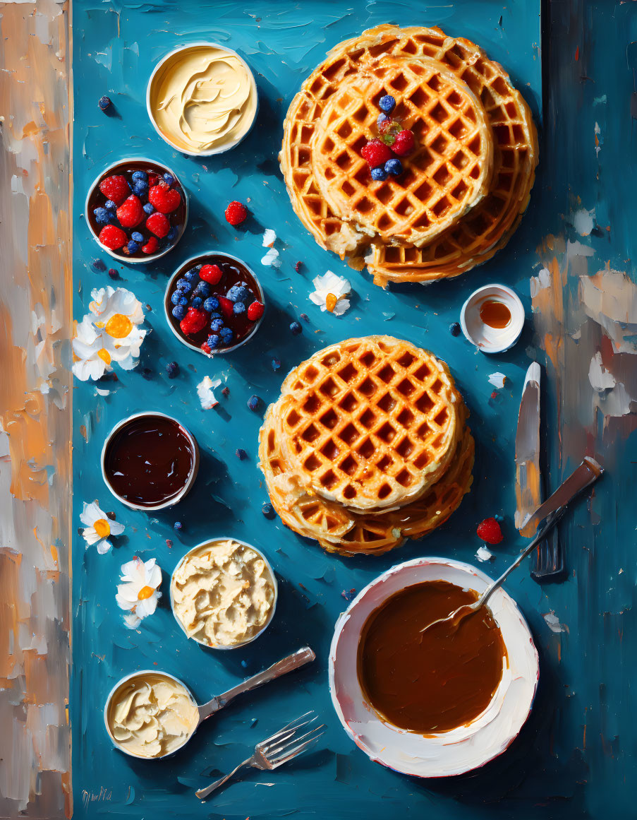 Colorful Breakfast Still Life Painting with Waffles and Berries