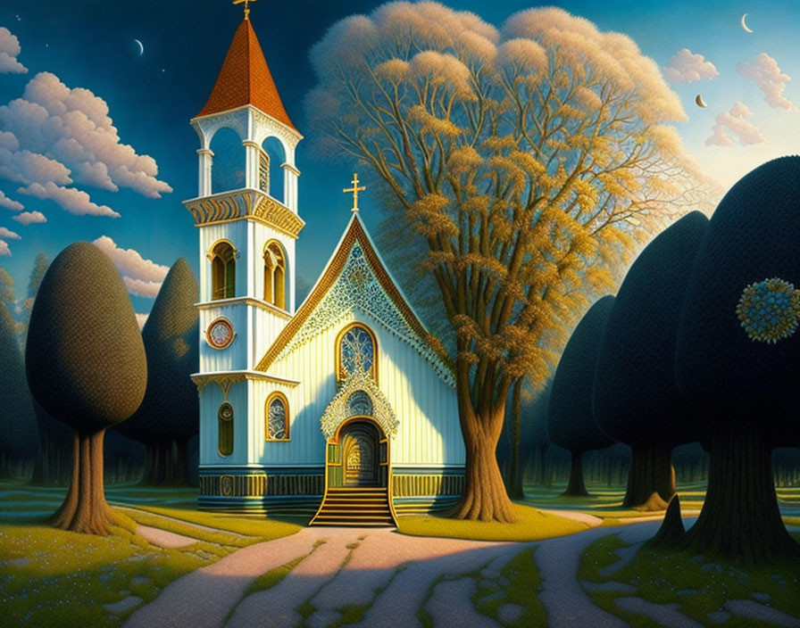 Whimsical painting of church with tall spire and stylized trees under twilight sky