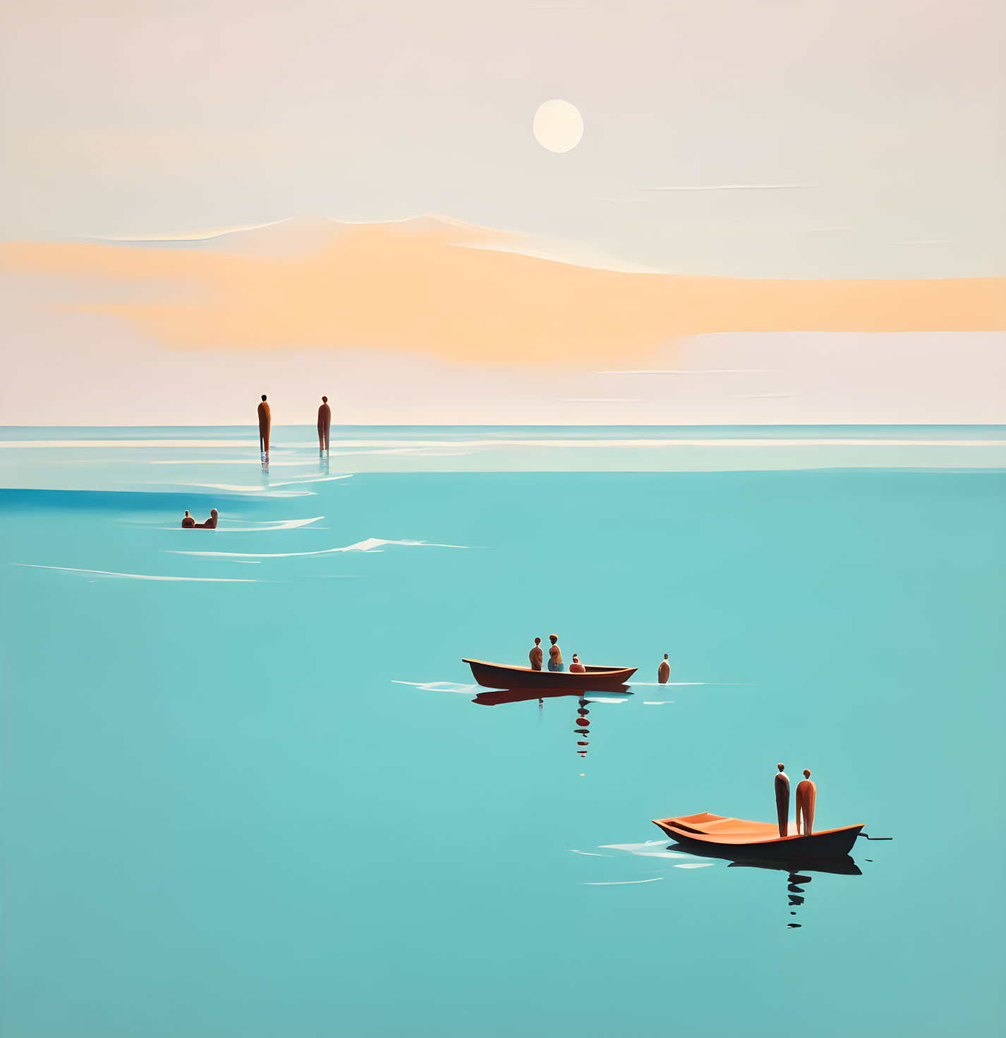 Illustration of people on boats in serene waters under a pale sky